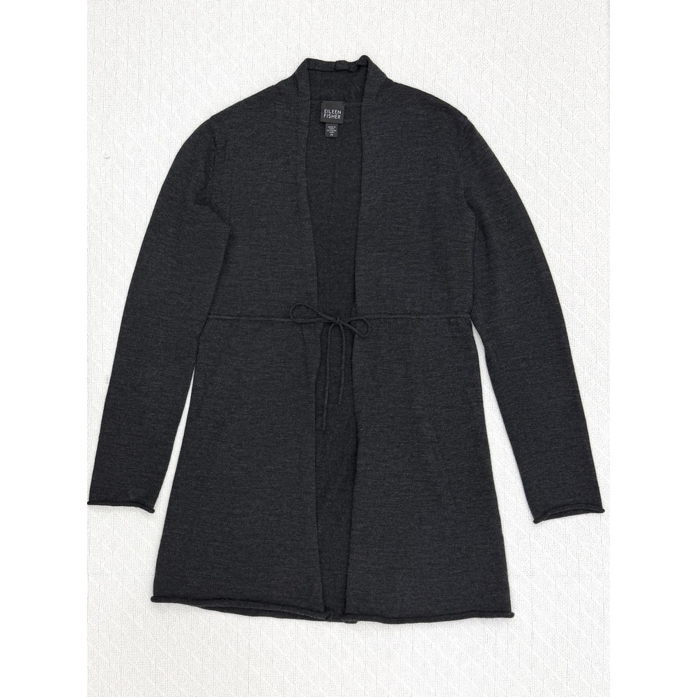 Eileen Fisher 100% Merino Wool Tie Front Empire Waist Cardigan Charcoal Gray XS